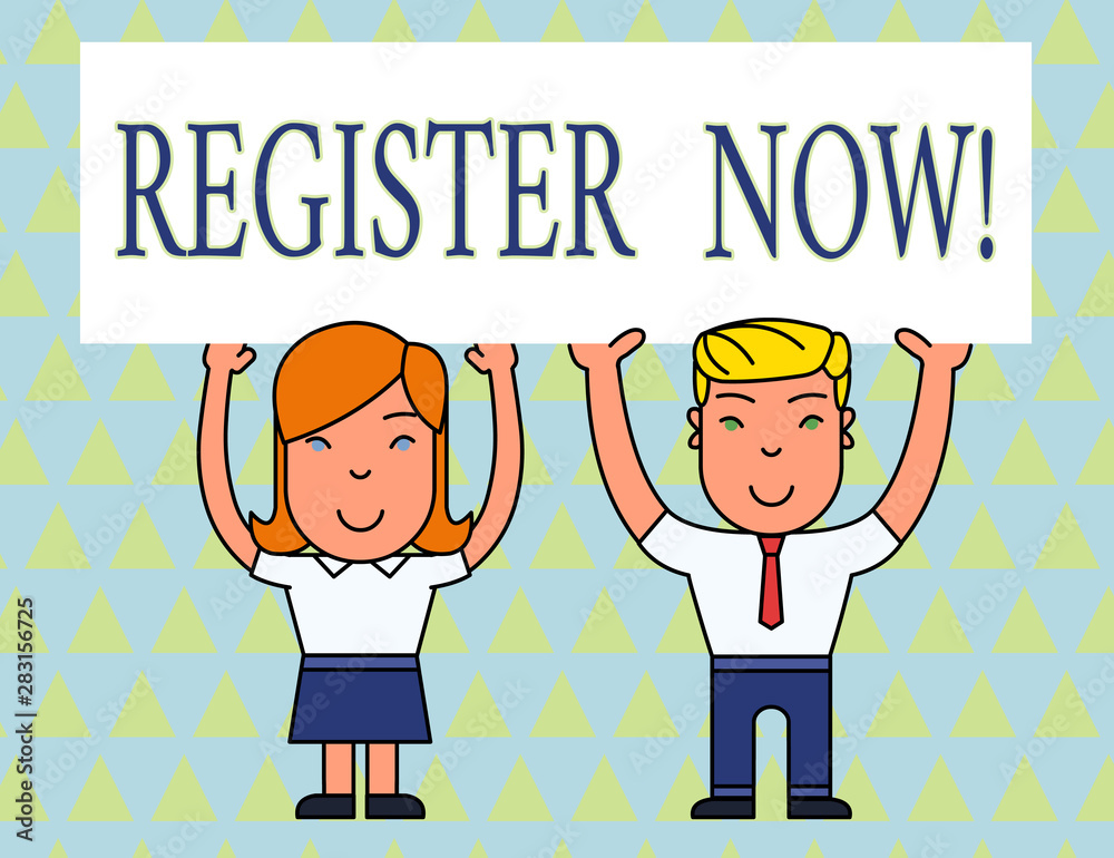 Text sign showing Register Now. Business photo text official list or record showing or things into web or forum Two Smiling People Holding Big Blank Poster Board Overhead with Both Hands Text sign showing Register Now. Business photo text official list or record showing or things into web or forum Two Smiling People Holding Big Blank Poster Board Overhead with Both Hands
