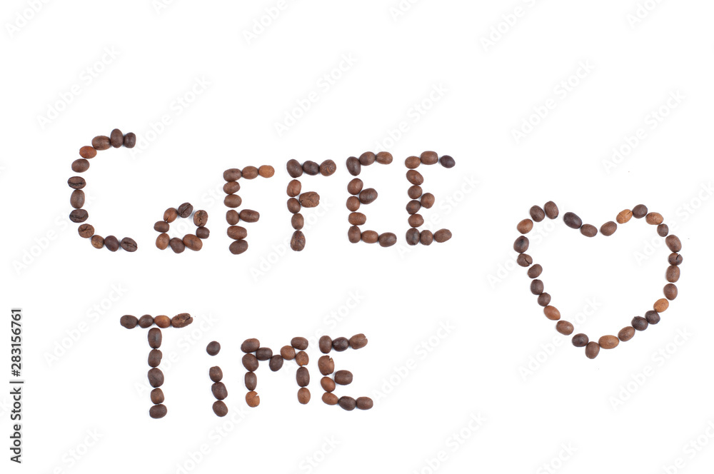 Coffee beans isolated on white background.Coffee time.Copy space.