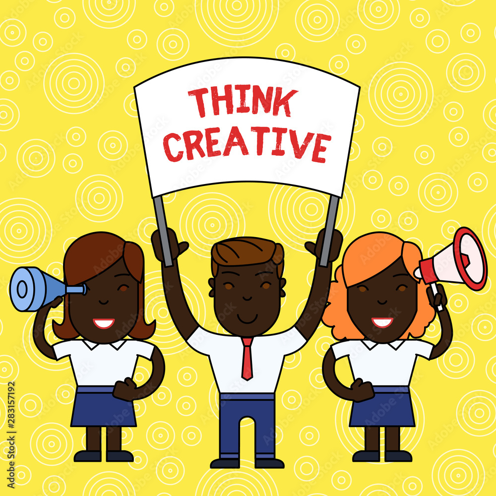 Word writing text Think Creative. Business photo showcasing The ability to perceive patterns that are not obvious People with Blank Banner, Megaphone and Spy Glass Peaceful Demonstration