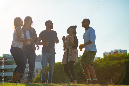 Happy young people dancing with beer bottles. Group of friends relaxing in park during sunset. Leisure concept