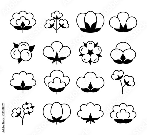 Cotton flower & ball. Flat line icon set. Symbol & logo for natural eco organic textile, fabric. Black & white vector illustration