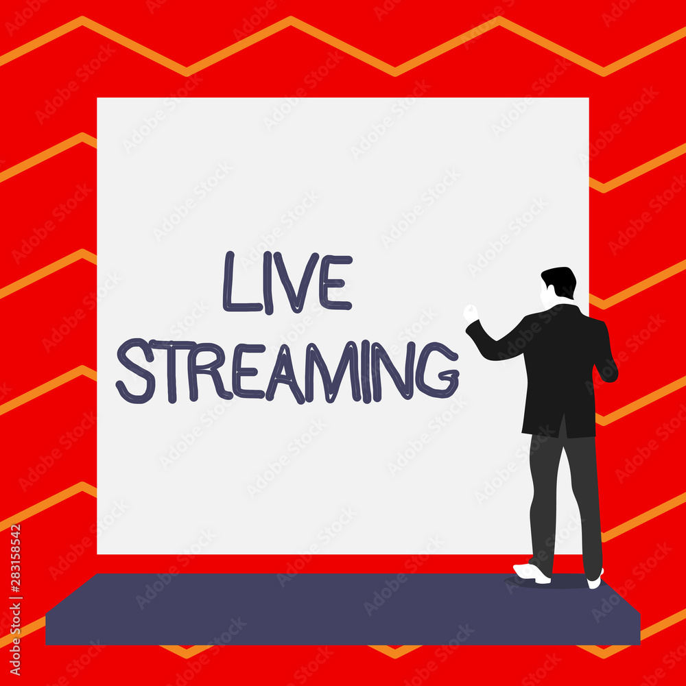 Word writing text Live Streaming. Business photo showcasing Transmit live video coverage of an event over the Internet Short hair immature young man stand in front of rectangle big blank board Word writing text Live Streaming. Business photo showcasing Transmit live video coverage of an event over the Internet Short hair immature young man stand in front of rectangle big blank board