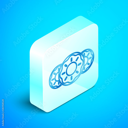 Isometric line Donut with sweet glaze icon isolated on blue background. Silver square button. Vector Illustration