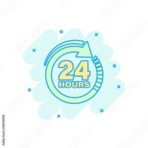 24 hours clock sign icon in comic style. Twenty four hour open vector cartoon illustration on white isolated background. Timetable business concept splash effect.