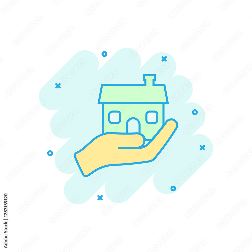 Home care icon in comic style. Hand hold house vector cartoon illustration on white isolated background. Building quality business concept splash effect. Home care icon in comic style. Hand hold house vector cartoon illustration on white isolated background. Building quality business concept splash effect.