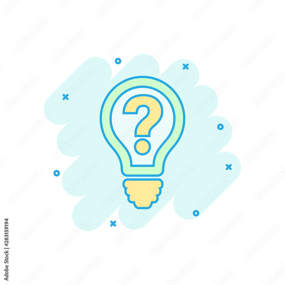 Problem solution icon in comic style. Light bulb idea vector cartoon illustration on white background. Question and answer business concept splash effect. Problem solution icon in comic style. Light bulb idea vector cartoon illustration on white background. Question and answer business concept splash effect.