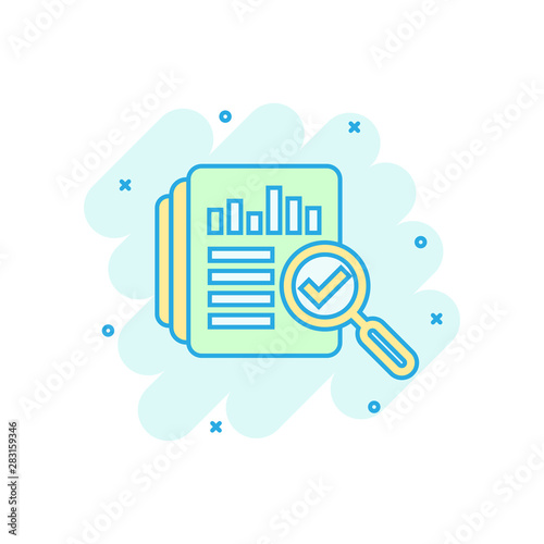 Audit document icon in comic style. Result report vector cartoon illustration on white isolated background. Verification control business concept splash effect.