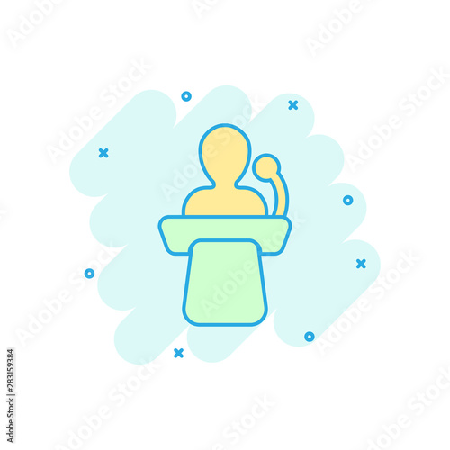 Public speach icon in comic style. Podium conference vector cartoon illustration on white isolated background. Tribune debate business concept splash effect.