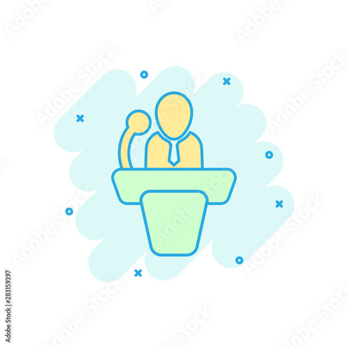 Public speach icon in comic style. Podium conference vector cartoon illustration on white isolated background. Tribune debate business concept splash effect.