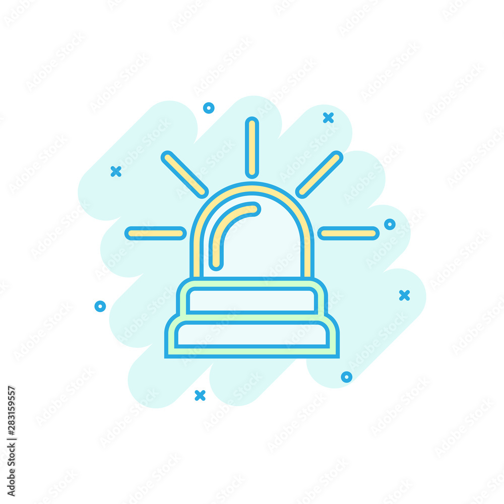 Emergency siren icon in comic style. Police alarm vector cartoon illustration on white isolated background. Medical alert business concept splash effect. Emergency siren icon in comic style. Police alarm vector cartoon illustration on white isolated background. Medical alert business concept splash effect.