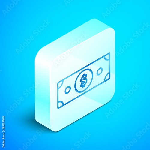 Isometric line Cryptocurrency coin Bitcoin icon isolated on blue background. Blockchain technology, bitcoin, digital money market, cryptocoin wallet. Silver square button. Vector Illustration