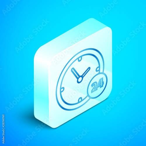 Isometric line Coin money with pound sterling symbol icon isolated on blue background. Banking currency sign. Cash symbol. Silver square button. Vector Illustration