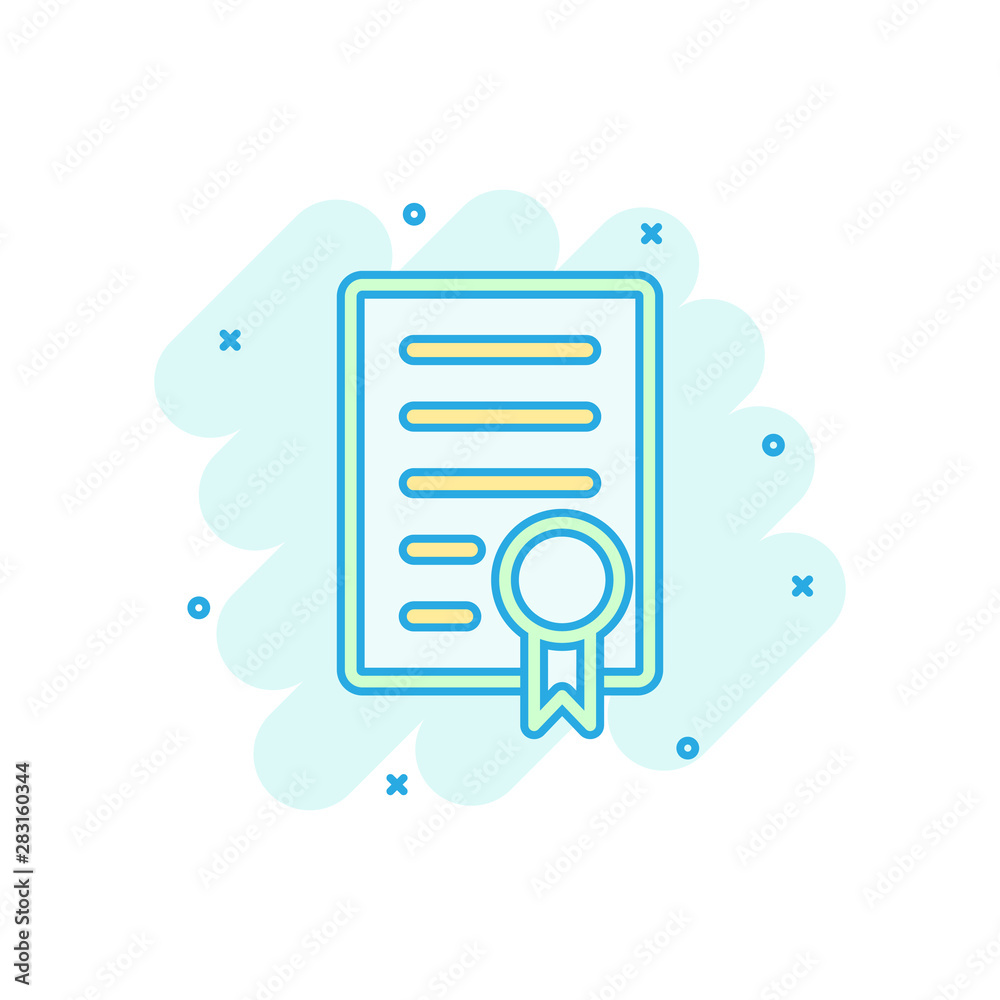 Certificate icon in comic style. License badge vector cartoon illustration on white isolated background. Winner medal splash effect business concept. Certificate icon in comic style. License badge vector cartoon illustration on white isolated background. Winner medal splash effect business concept.