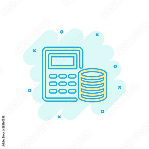 Money calculation icon in comic style. Budget banking vector cartoon illustration on white isolated background. Financial payment splash effect business concept.