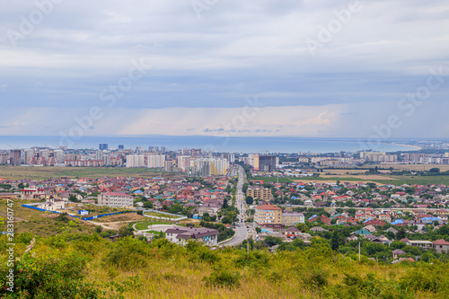 View of Anapa. View of the resort city. The vastness of Russia. Russian southern city. City from above. Many houses .. Buildings and architecture