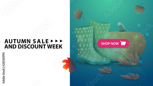 Autumn sale and discount week, horizontal discount web banner with rubber boots and pumpkin