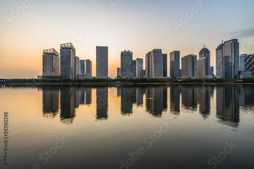urban skyline and modern buildings at dusk  cityscape of China.