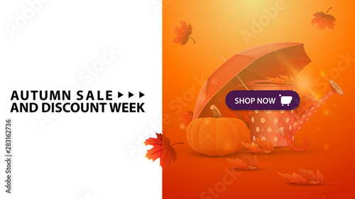 Autumn sale and discount week, horizontal orange discount web banner with garden watering can, umbrella and ripe pumpkin
