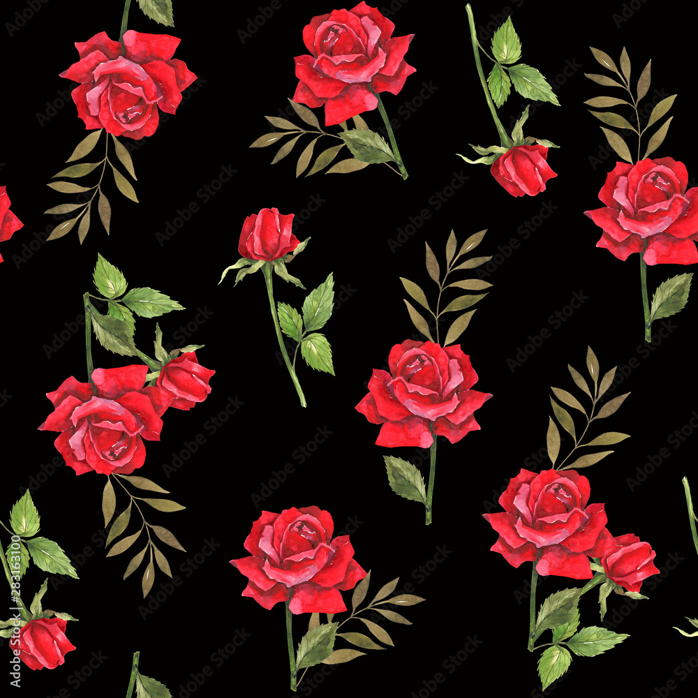 Watercolor botanical illustration with red roses. Design for fabric. Seamless floral pattern. Wedding design. Congratulatory wrapping paper. Packing for Valentine's Day, Mother's Day, Women's Day. Tem
