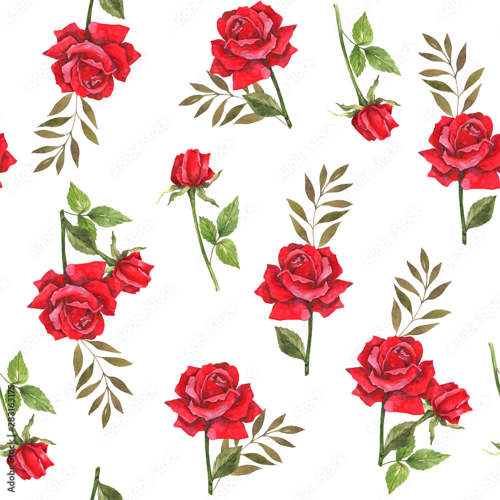 Watercolor botanical illustration with red roses. Design for fabric. Seamless floral pattern. Wedding design. Congratulatory wrapping paper.