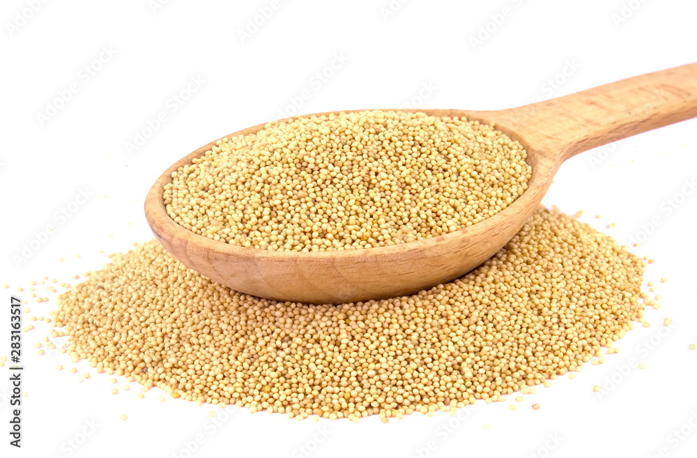 Amaranth seeds in wooden spoon isolated on white background Amaranth seeds in wooden spoon isolated on white background