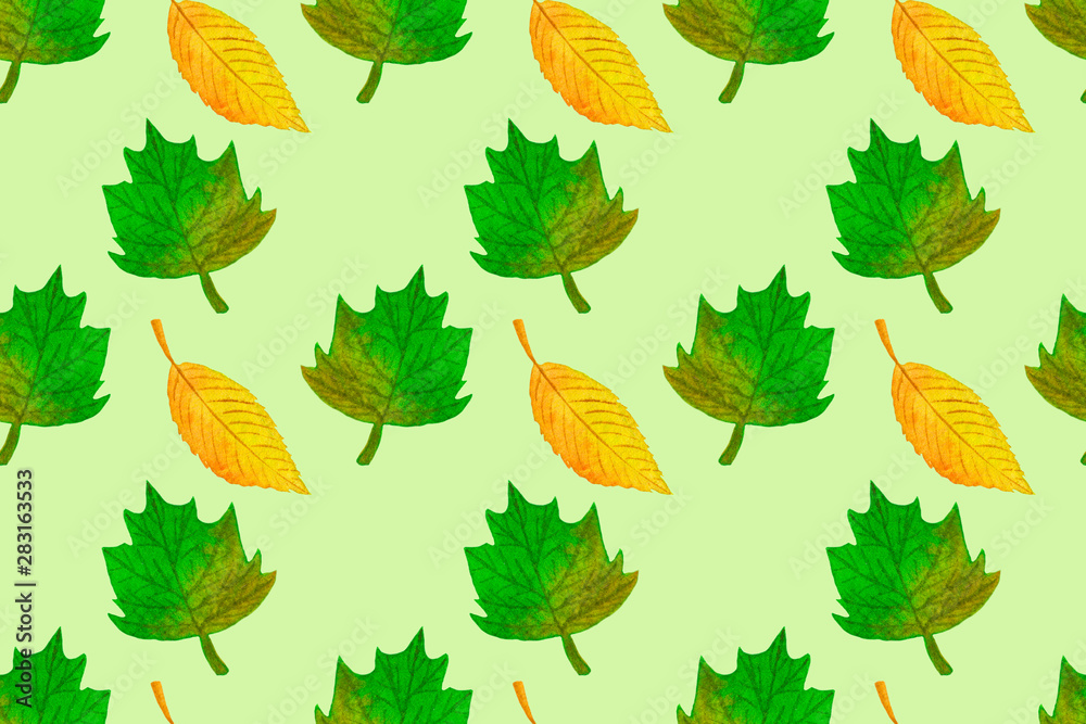 Obraz premium Autumn seamless pattern with colorful leaves. Fall backdrop of yellow, red and green foliage on green background. Hand drawn watercolor illustration. Fabric and textile print template