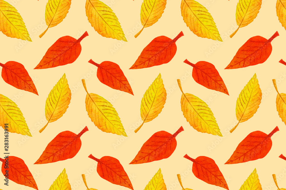 Autumn seamless pattern with colorful leaves. Fall backdrop of yellow, red and green foliage on warm yellow background. Hand drawn watercolor illustration. Fabric and textile print template Autumn seamless pattern with colorful leaves. Fall backdrop of yellow, red and green foliage on warm yellow background. Hand drawn watercolor illustration. Fabric and textile print template