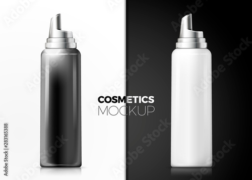 Vector 3d realistic foam bottles black and white with reflections, modern minimalistic advertisement template. Mock-up for product package branding.