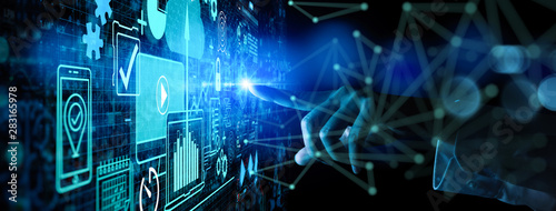 Hand touching Business data analytics process management with KPI financial charts and graph and automated marketing dashboard. photo