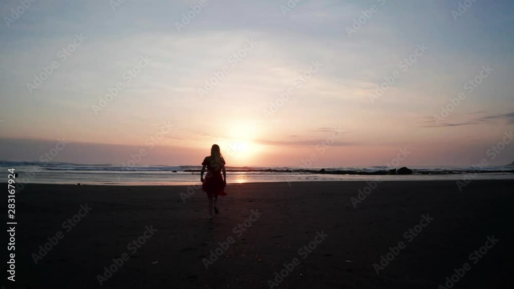 Silhouette of woman on the beach at beautiful sunset. Female relaxing on the black sand beach during sunset Silhouette of woman on the beach at beautiful sunset. Female relaxing on the black sand beach during sunset