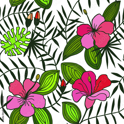 tropical flowers  leaves. seamless pattern. eps 10 vector illustration. hand drawing