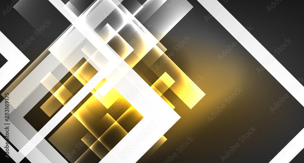 Neon shiny color squares on black, modern template