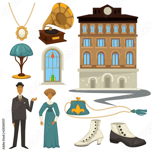 1910s symbols and retro fashion style, clothes and interior design elements