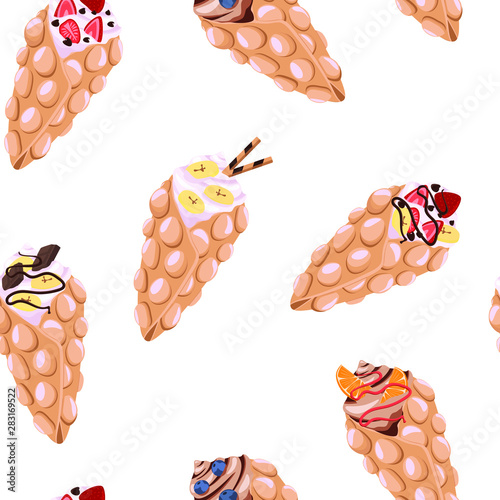Hong Kong waffle ice cream cartoon style vector illustration pattern.