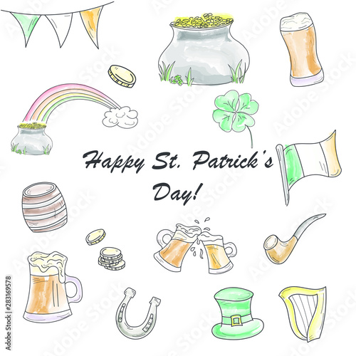 St. Patick's day doodle vector set in watercolors, isolated icons. photo