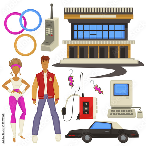 1980s style fashion and technologies, epoch symbols, man and woman