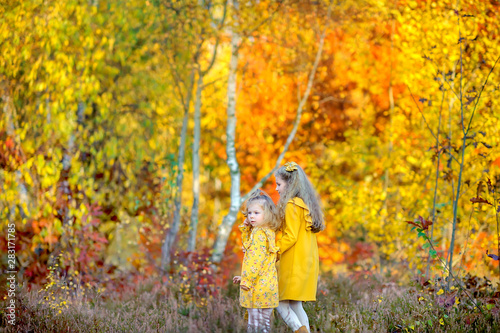 Two beautiful girls in a yellow dress walks in a beautiful autumn park, stands on a background of bright colorful foliage © Tortuga