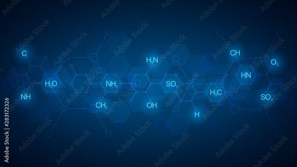 Abstract chemistry pattern on dark blue background with chemical formulas and molecular structures. Template design with concept and idea for science and innovation technology. Abstract chemistry pattern on dark blue background with chemical formulas and molecular structures. Template design with concept and idea for science and innovation technology.