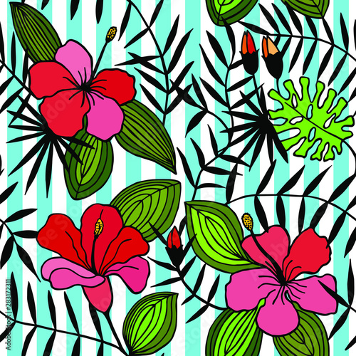 tropical flowers  leaves. seamless pattern. eps 10 vector illustration. hand drawing