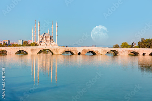 The Stone Bridge and Sabanci Mosque with full moon - Adana, Turkey "Elements of this image furnished by NASA