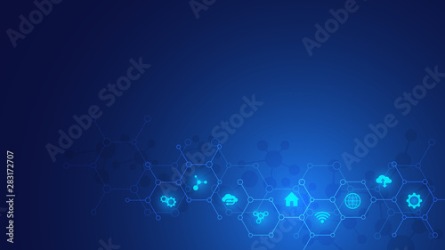 Technology background with flat icons and symbols. Concept and idea for internet of things, communication, network, innovation technology, system integration. Vector illustration.
