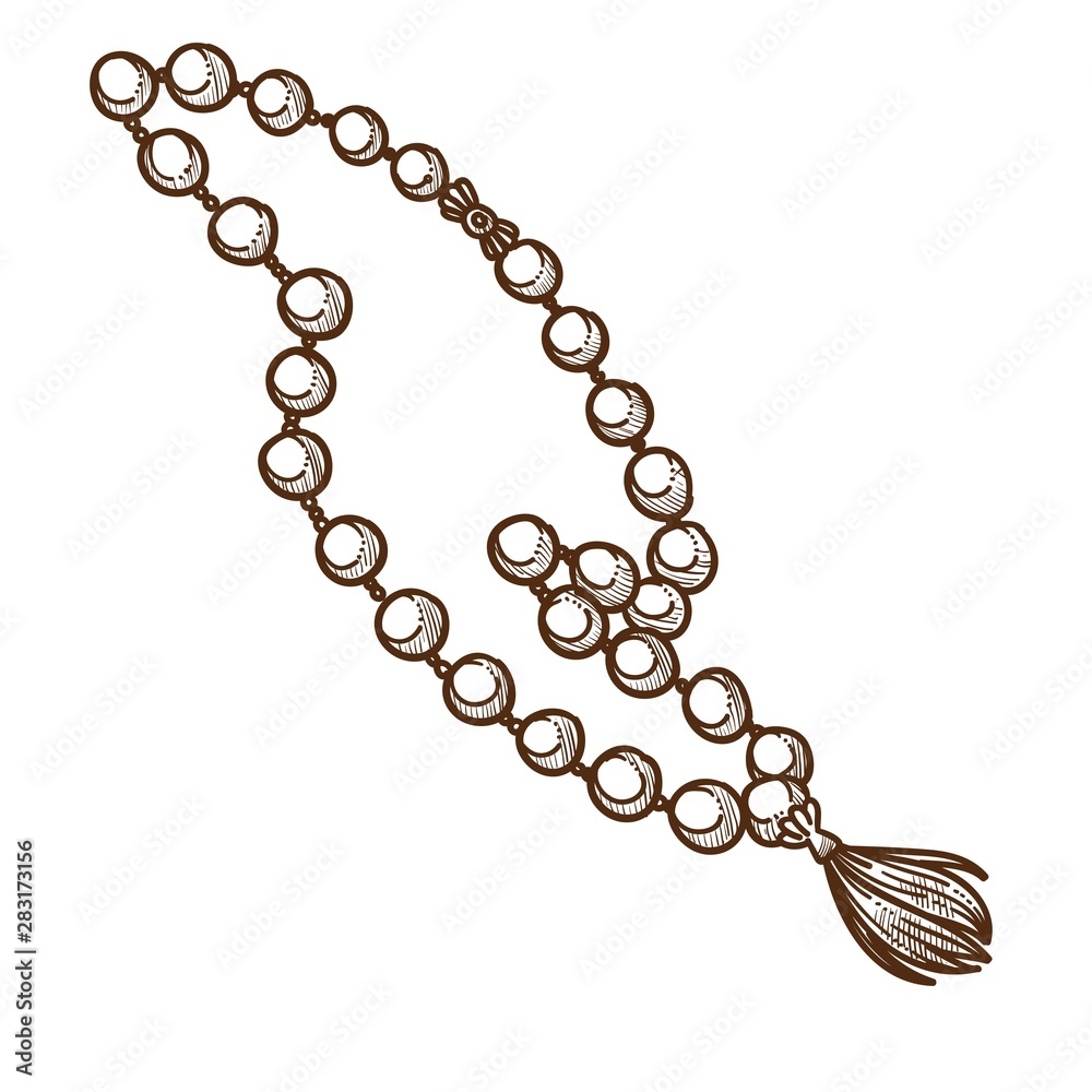 Fototapeta premium Beads with tassel or rosary, vintage accessory isolated sketch