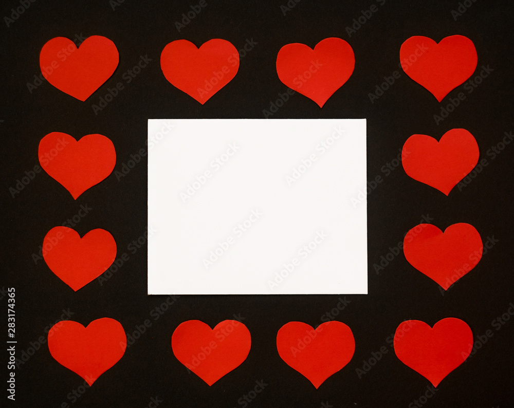 Red hearts on black background. for banner background, copy space, background for love card