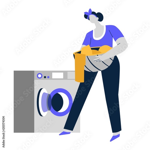 Laundry day, washing machine and basin with clothes, cleaning service