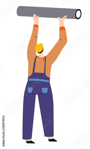 Building and installation works, man in hardhat with balk, beam or pipe