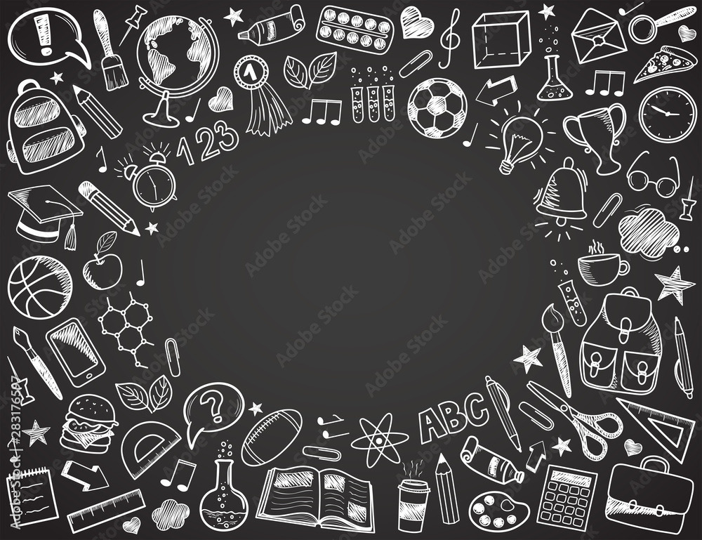 Back to School - sketch doodle set. Various hand-drawn school items arranged as frame on a dark grey blackboard. Vector illustration Back to School - sketch doodle set. Various hand-drawn school items arranged as frame on a dark grey blackboard. Vector illustration