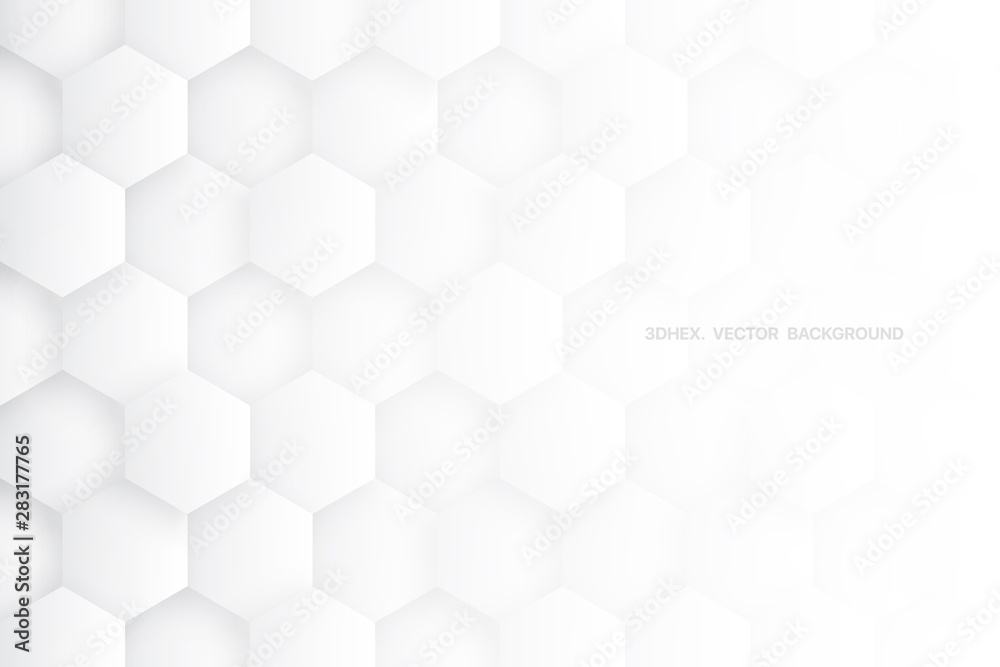 3D Vector Hexagons White Abstract Background. Science Technologic Hexagonal Blocks Structure Light Conceptual Wallpaper. Three Dimensional Clear Blank Subtle Textured Backdrop