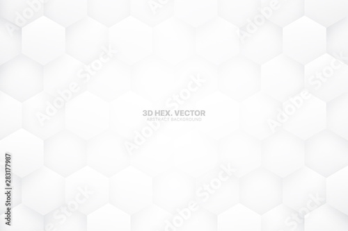 White 3D Vector Hexagonal Blocks Abstract Background. Science Technology Hexagons Grid Structure Light Conceptual Wallpaper. Three Dimensional Clear Blank Subtle Textured Backdrop