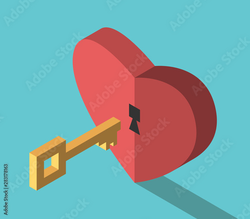 Isometric gold key, heart