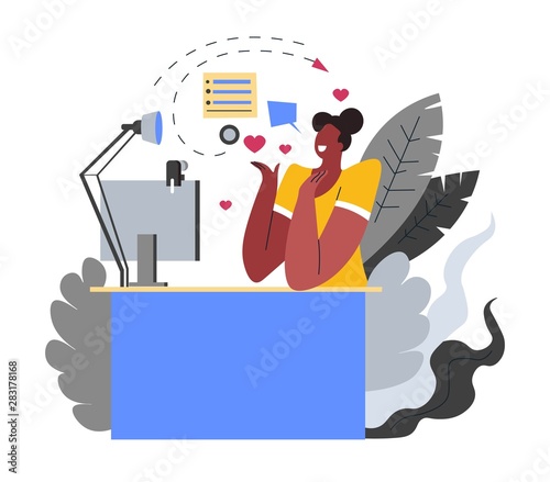 Girl in front of computer monitor, Internet blogger profession or hobby